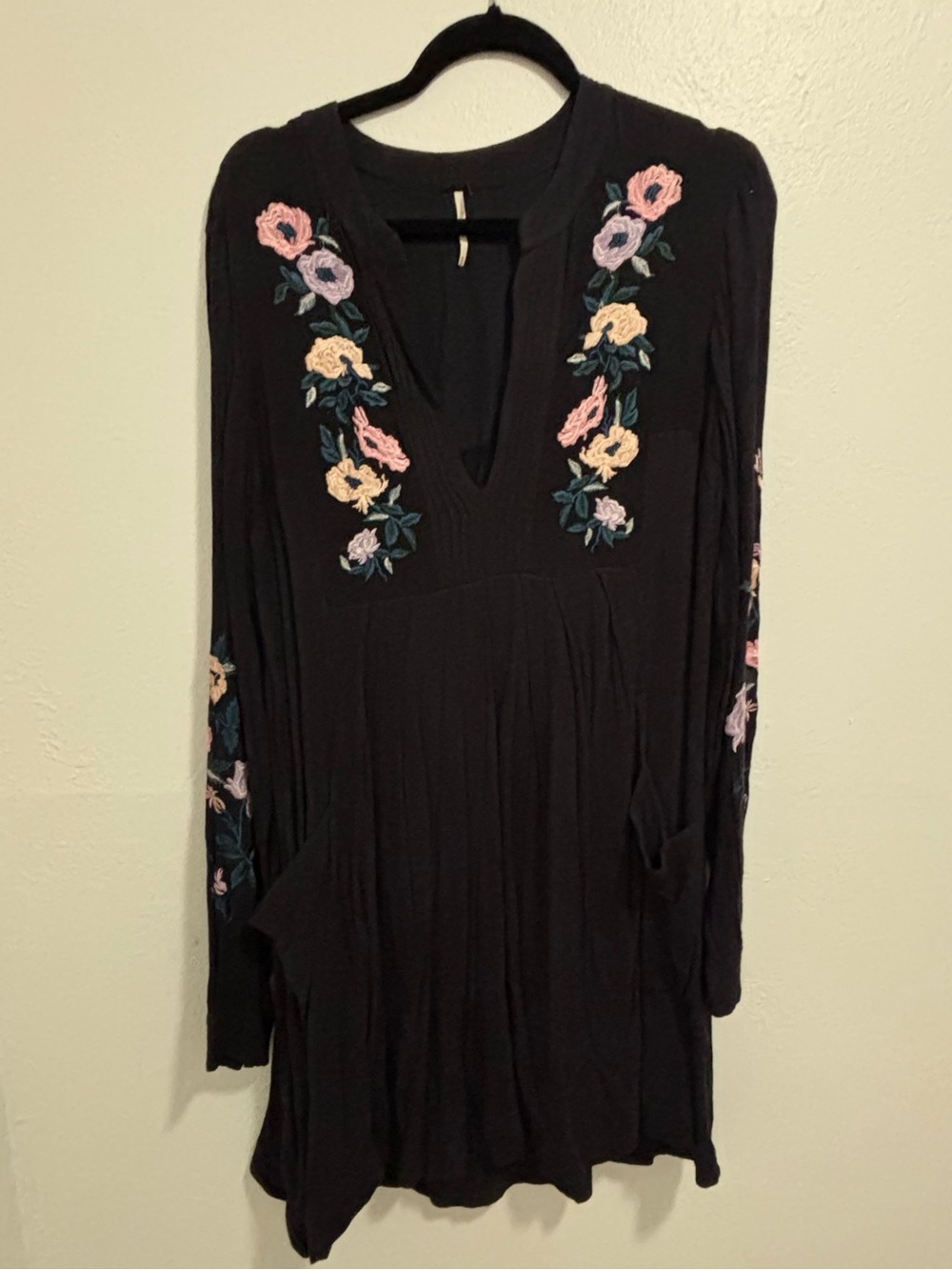 Free people black Boho dress with Pink Floral Embroidery size medium